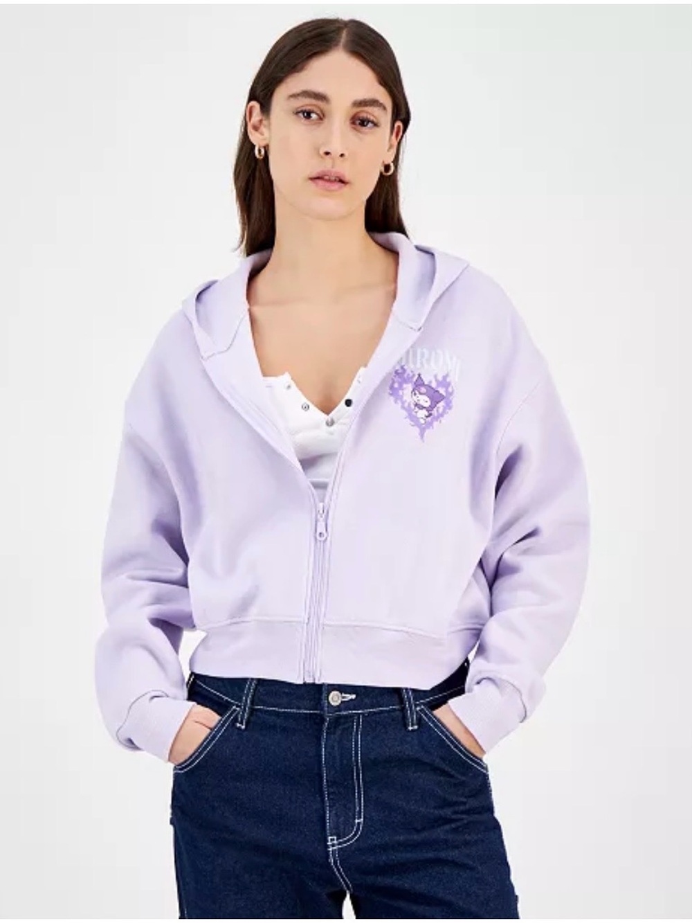 Lavender Zip-Up Hoodie with Chest Graphic